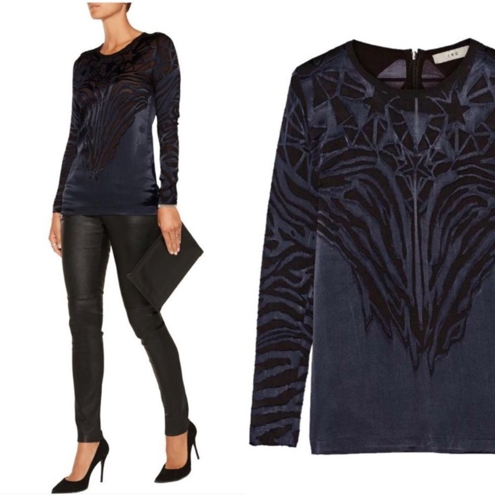 IRO Catrine Navy Silk Blend Burnout Blouse 40